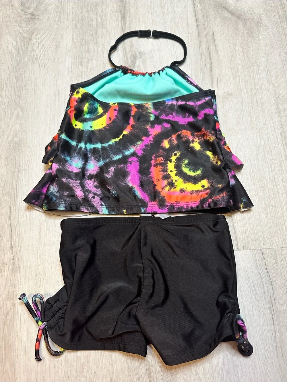 Kids - 3 for $10 - Girls Two-Piece Ruffle Tankini in Black with Neon Tie-Dye